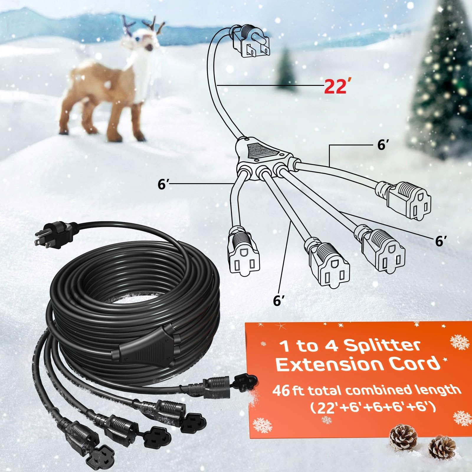 Eversimpleinc Black 1 To 4 Splitter Extension Cord (Combined 46 Ft, End To End 28 Ft), 3 Prong Plug With 4 Extended Outlets, Wit