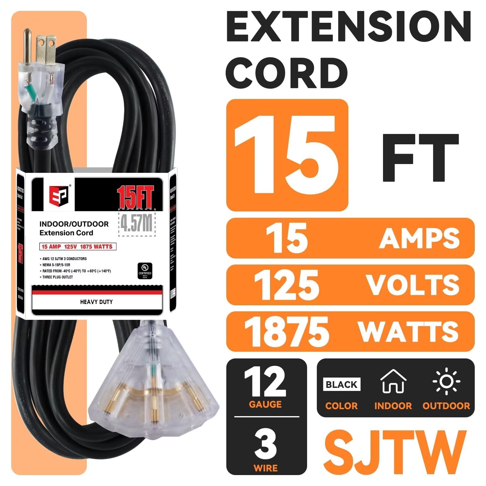 Ep 15 Ft 12 Gauge Heavy Duty Extension Cord, 15A 125V 1875W, 3 Outlet Indoor/Outdoor Power Cord With Lighted End, 12/3 Sjtw Weat