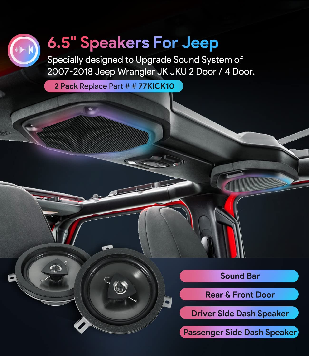 2 Pack For Mopar Kicker Speaker Upgrade 2007 2018 Jeep Wrangler Jk Jku & 2005 2018 Jeep Wrangler Dodge Commander Grand Cherokee,