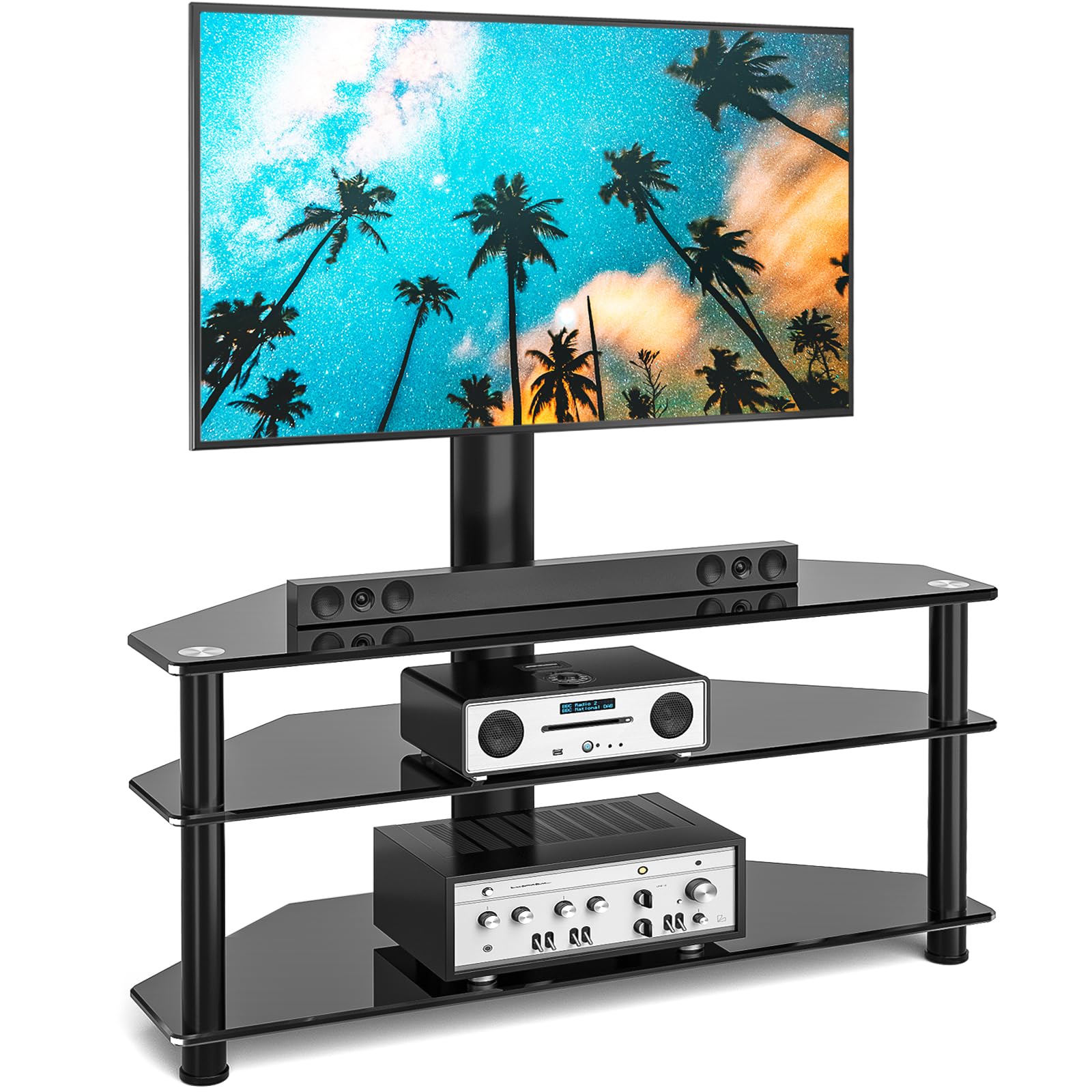 Rfiver Corner Swivel Glass Tv Stand With Mount For 32 70 Inch Screen Tv Up To 110Lbs, Height Adjustable Corner Tv Stand With Mount, Entertainment Center With Tv Mount And 3 Tier Storage For Av Media