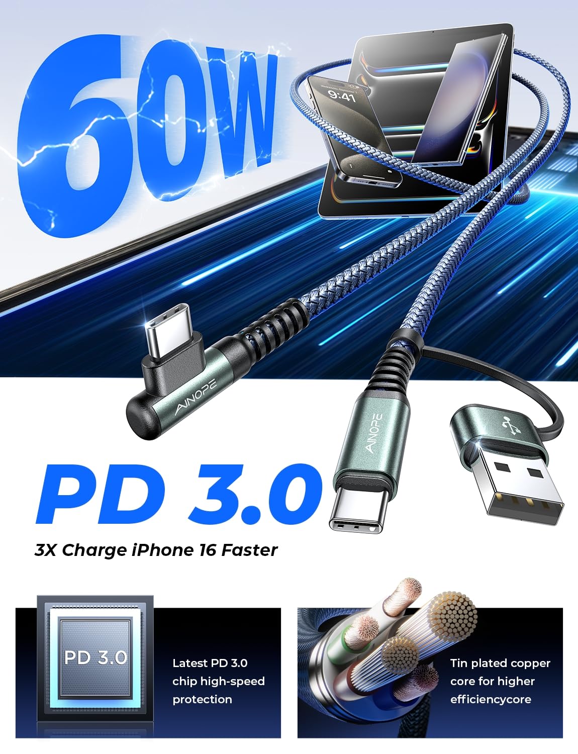 Ainope 2 ???????? Usb C Cale For Iphone 16,60W Fast Charging Cable For Ipad Charger And Usb C To Usb C Devices,6.6Ft Right Angle