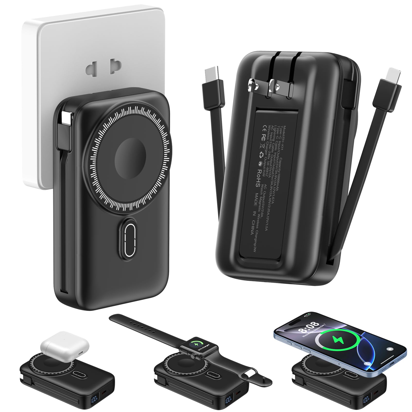 Magnetic Portable Charger 10000mAh for iPhone with Built-in Cables and Wall Plug,Wireless Power Bank with iWatch Charger,LCD Dis