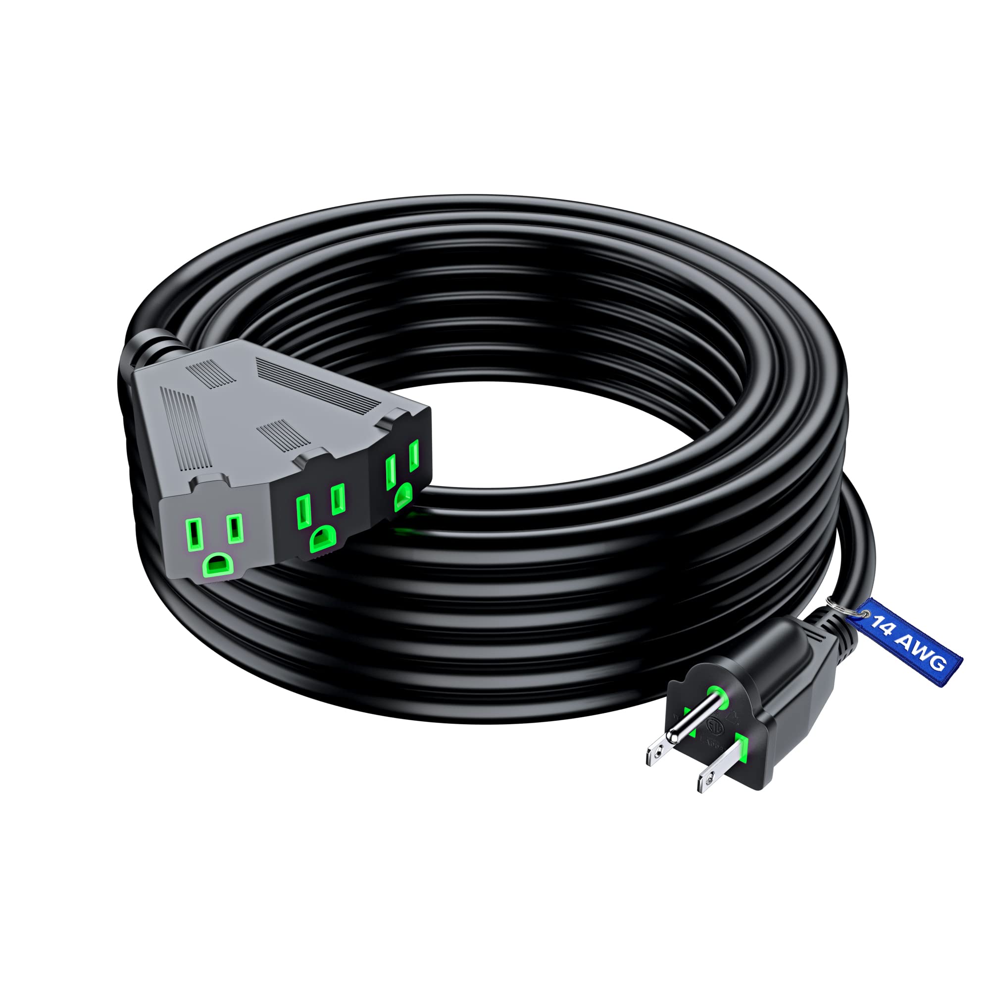 Extension Cord 50 Ft, Extension Cord With Multiple Outlets, Sjtw 14 Gauge (Black) Etl Listed