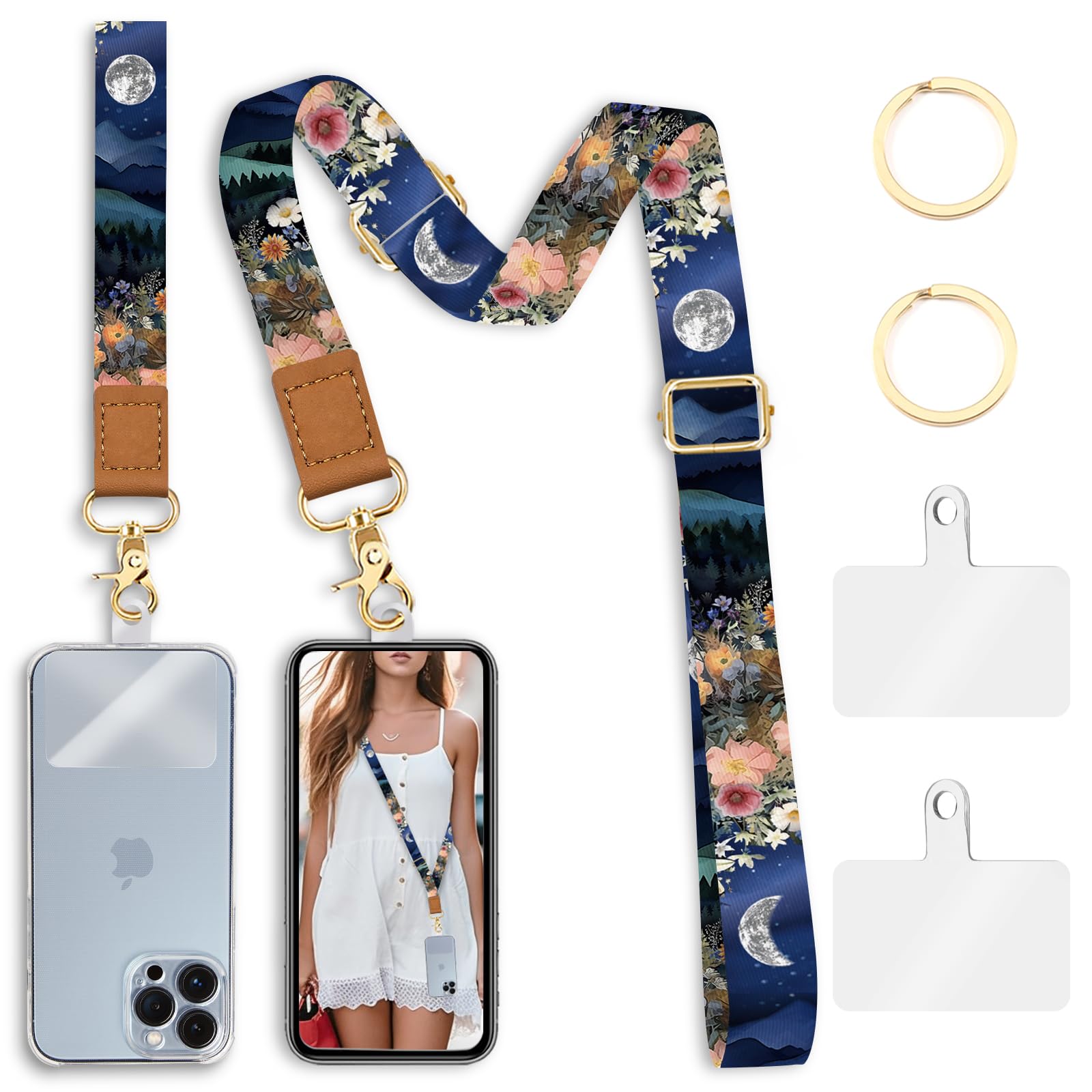 Piefly Phone Lanyard Crossbody Wrist Strap, Moon Mountain Flower Night Cell Phone Lanyards For Around The Neck Wristlet Shoulder
