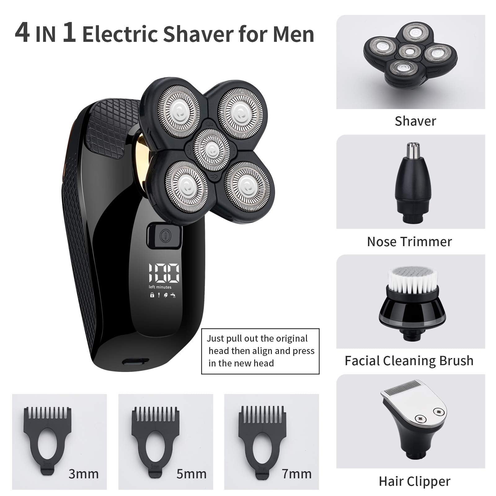 Hontec 4 In1 Electric Head Shaver Bald Shaver Set Wet Dry Cordless Shaver For Men With Clippers Nose & Ear Trimmer Facial Cleans