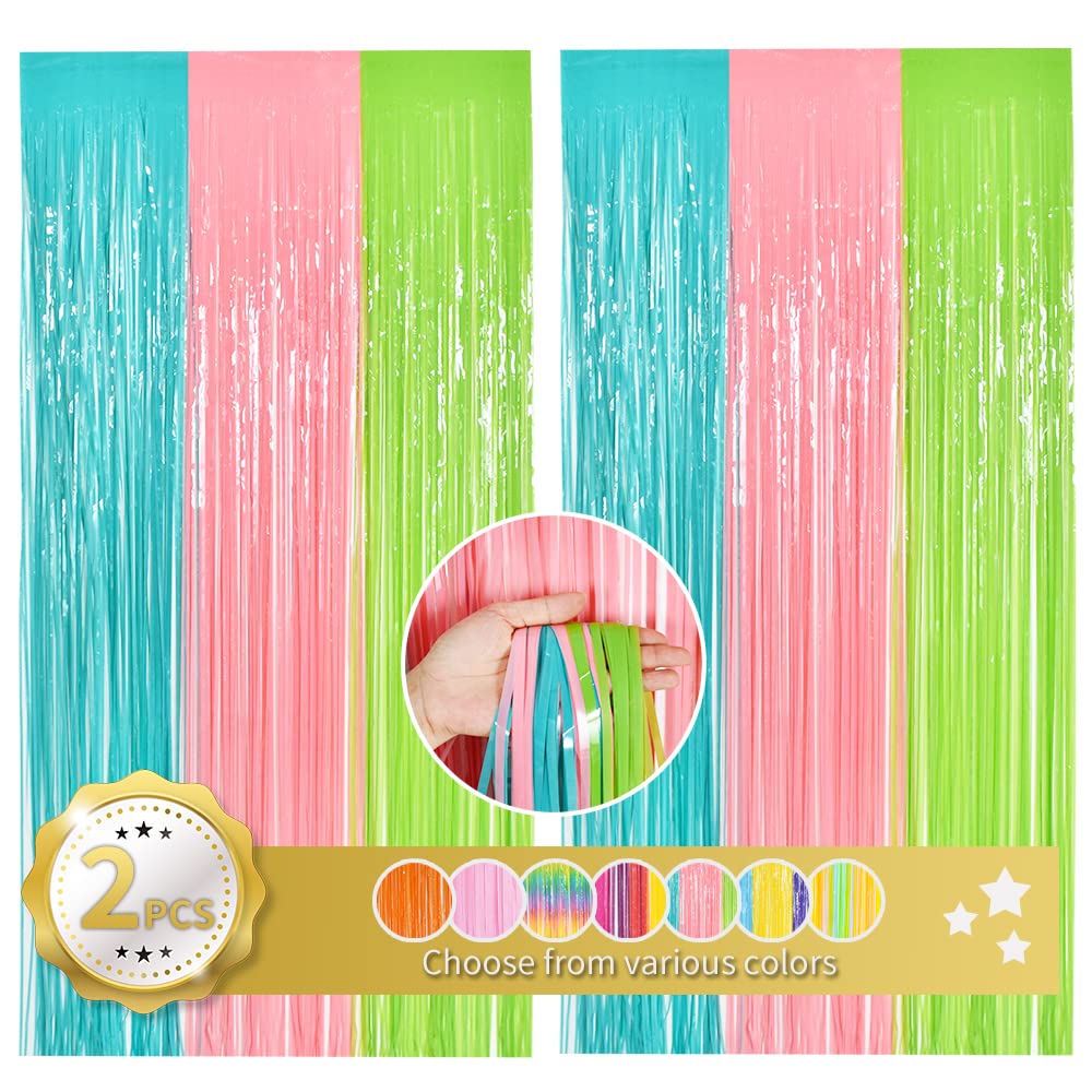 Beishida 2Pcs Blue Pink Green Door Streamers Pastel Colors Foil Fringe Curtains Photo Backdrop For Wedding Party Birthday Stage