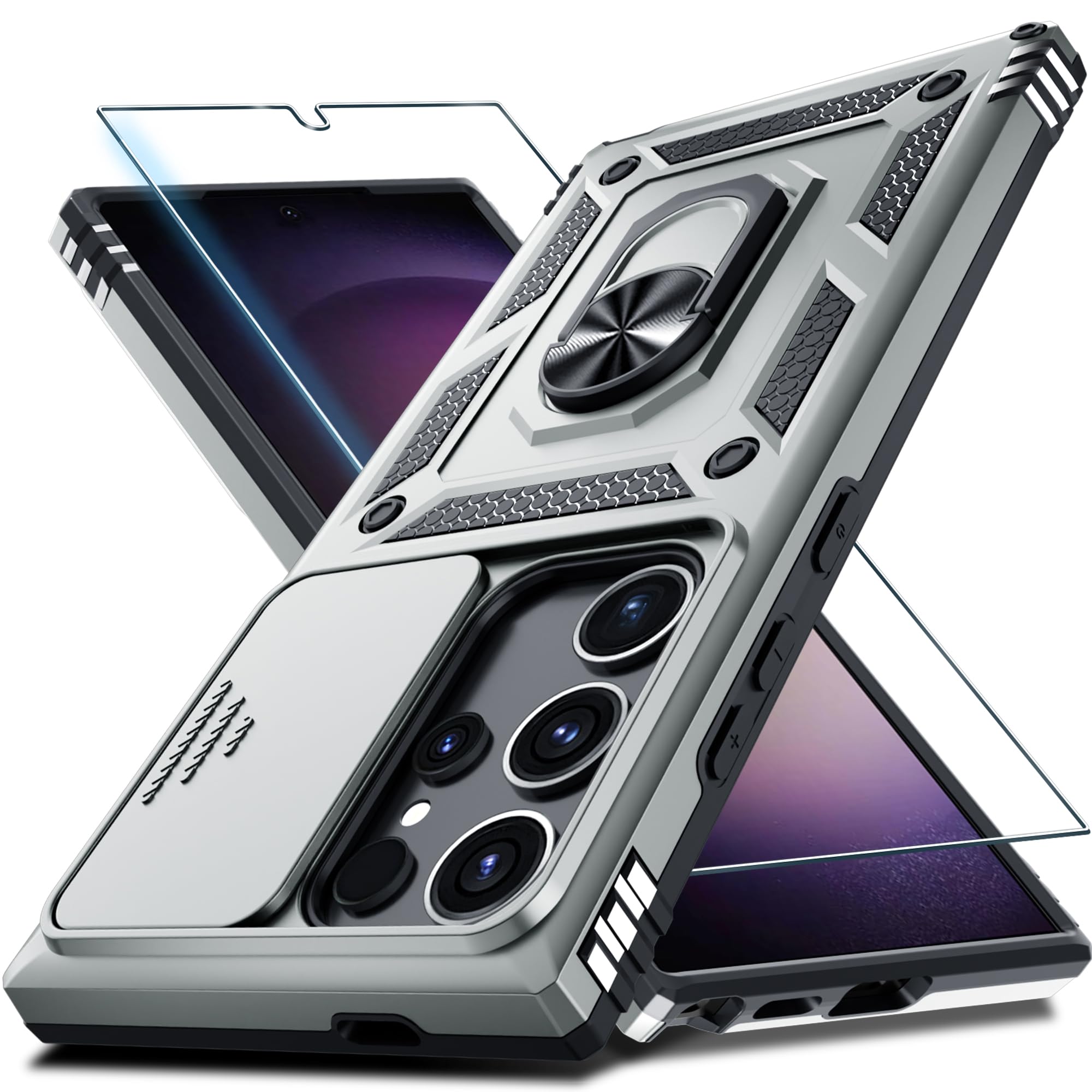 Janmitta Compatible With Samsung Galaxy S24 Ultra Case Built In Slide Camera Lens Cover+Screen Protector+Finger Ring Holder Kick