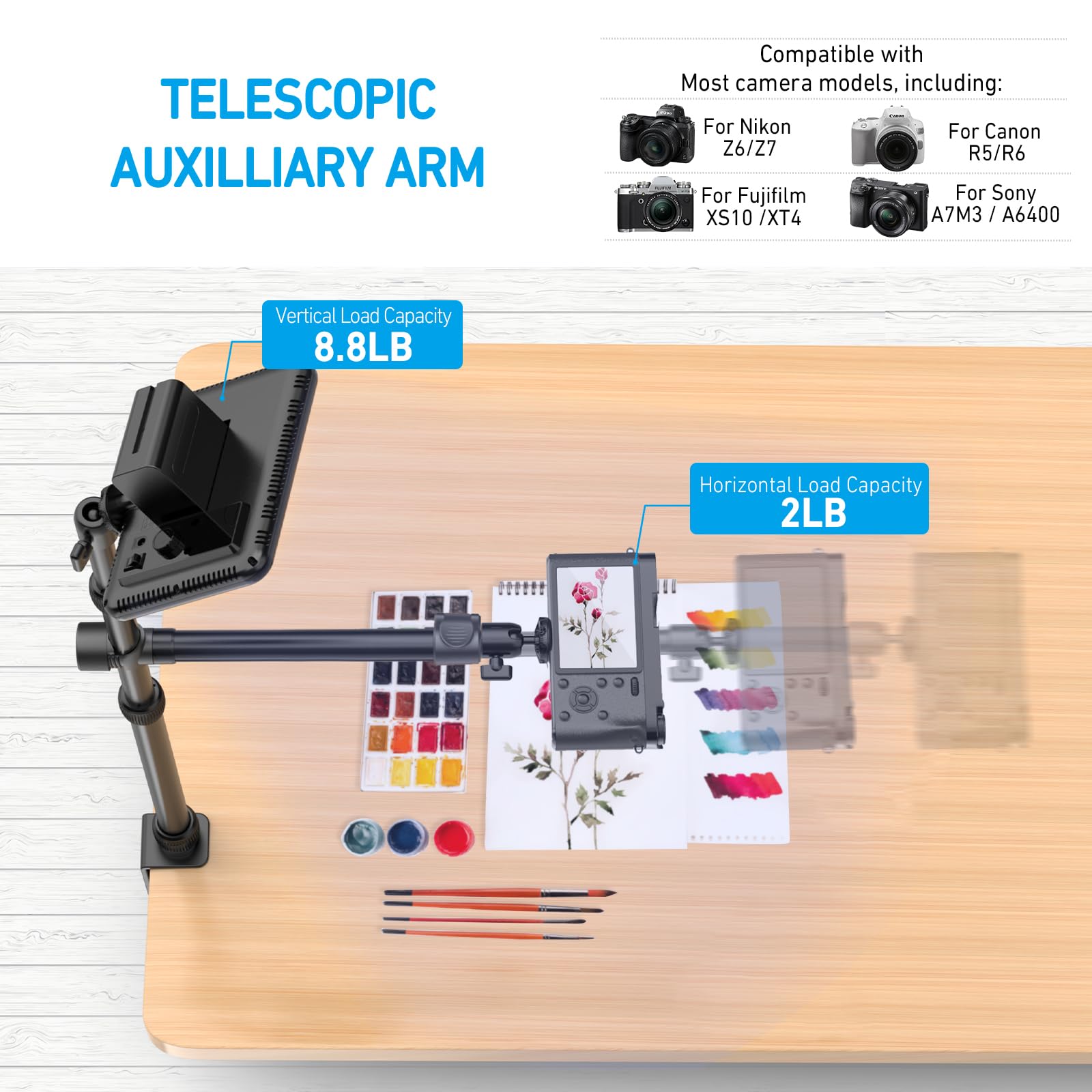 Overhead Camera Mount Table Stand With 2 Section Telescopic Arm, 13'' 33'' Adjustable Light Stand Mount With Table C Clamp/Swive
