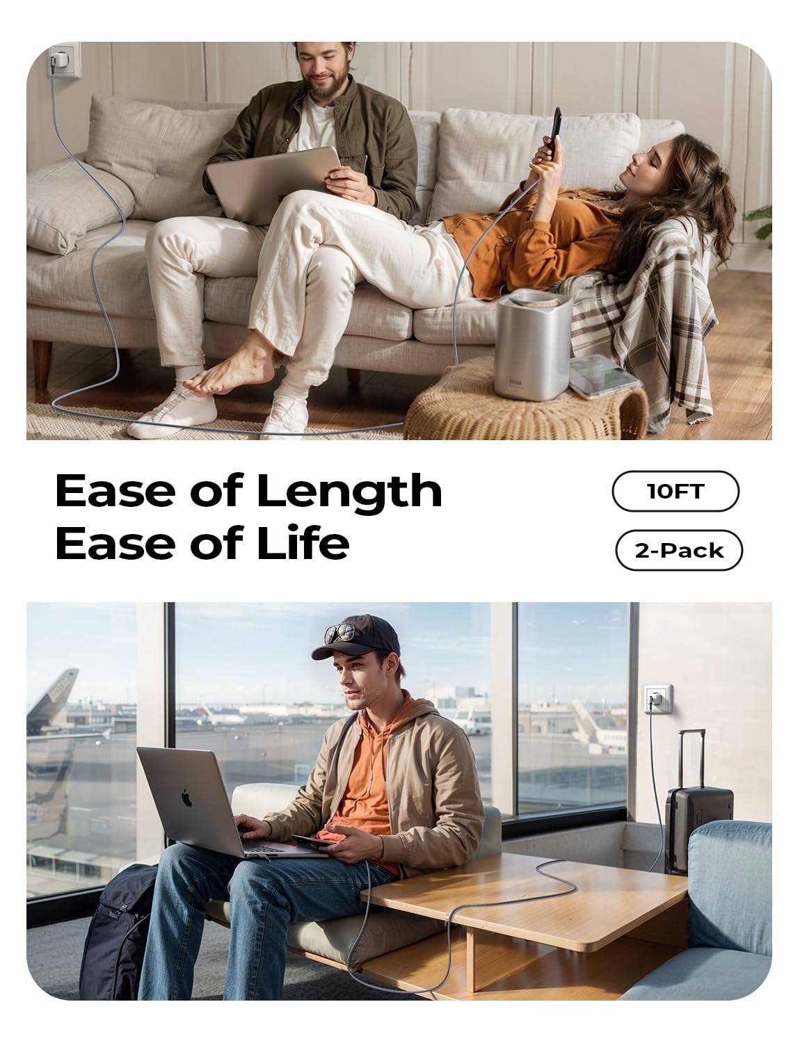 Ainope Usb C To Usb C Cable 10Ft 2 Pack 60W Type C To Type C Cable Righe Angle For Iphone 15 Pro Max Charger Fast Charging Extra