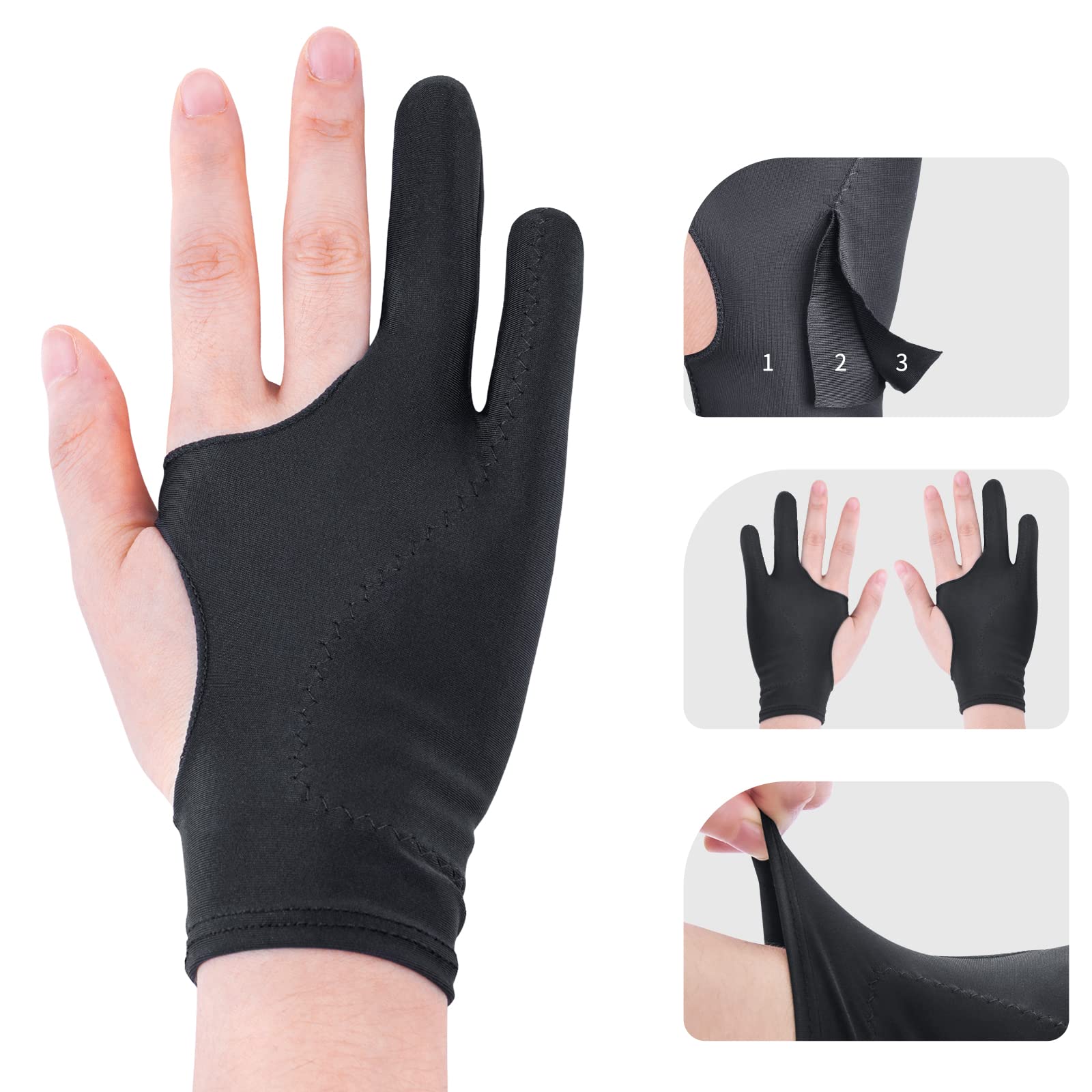 Artist Drawing Glove 3 Layer Palm Rejection [2 Pack Black] Right Left Hand Digital Art Graphic Tablet Ipad Gloves Two Finger Smo