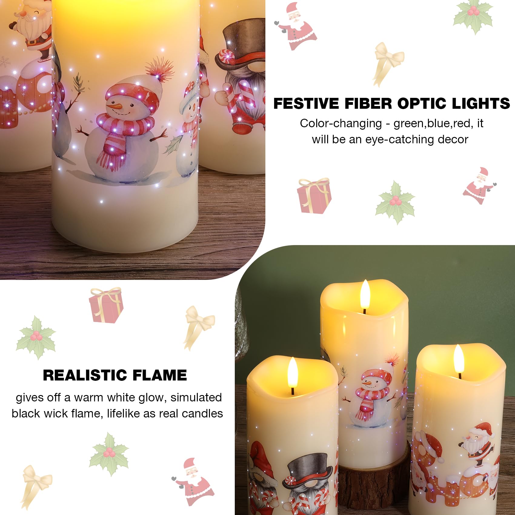 Eywamage Santa Snowman Gnomes Christmas Flameless Candles With Remote, Fiber Optic Battery Led Pillar Candles Set Of 3