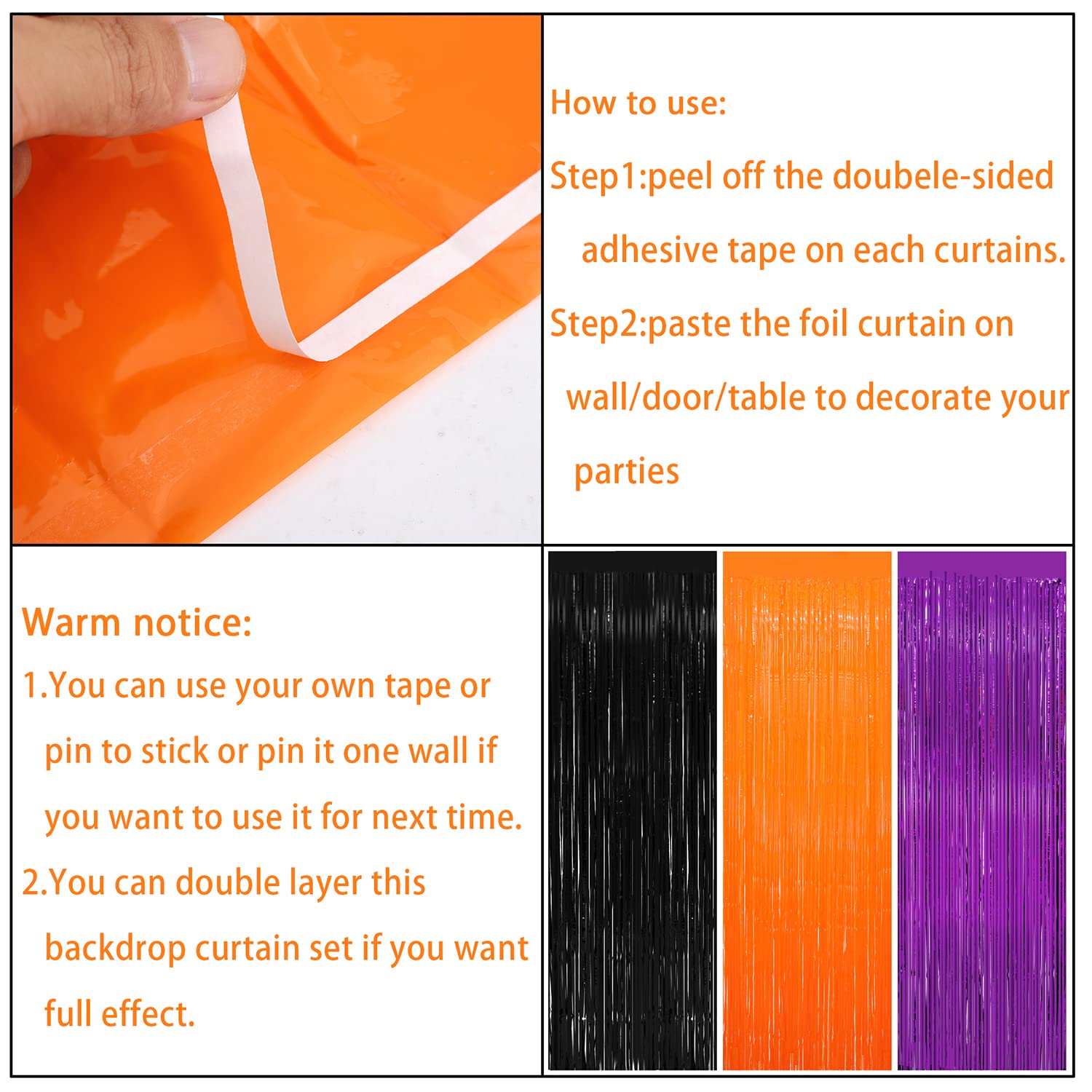 3 Pack Halloween Black Orange Tinsel Foil Fringe Curtain 8X9.84 Ft Backdrop Curtain Black And Orange Streamers For Home Outdoor