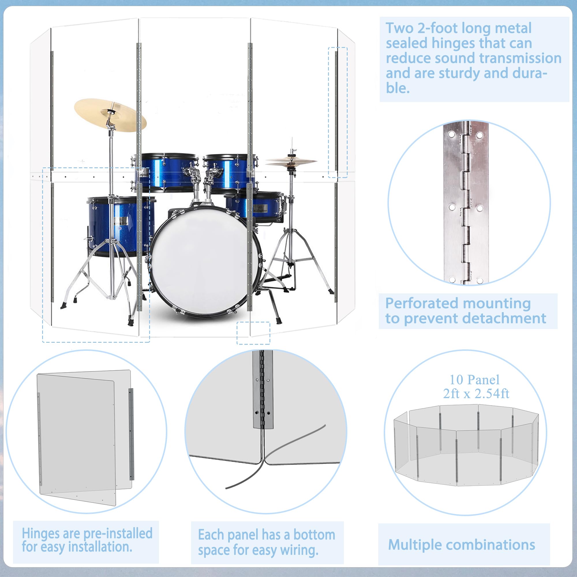 Drum Shield | Portable 5-Panel 2Ft X5Ft Acrylic Sound Barrier | Full-Length Stainless Steel Hinges | Drum Cage For Home, Church,