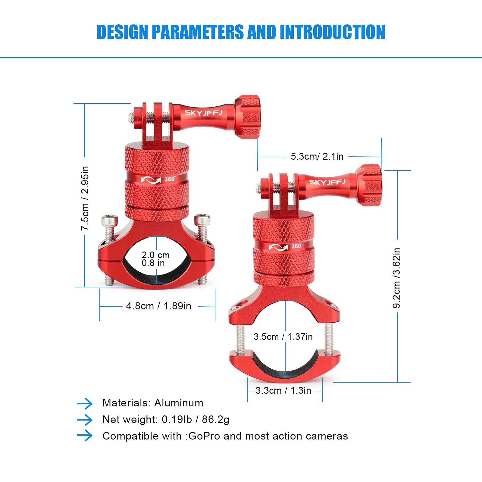 Skyjffj Mountain Bike Camera Handlebar Mount For Gopro Hero 8/9/10/11/12,360 Degree Rotation Aluminum Motorcycle Bicycle Rack Mount Holder For Dji Osmo Action,Akaso/Yi & Action Camera Accessories(Red)