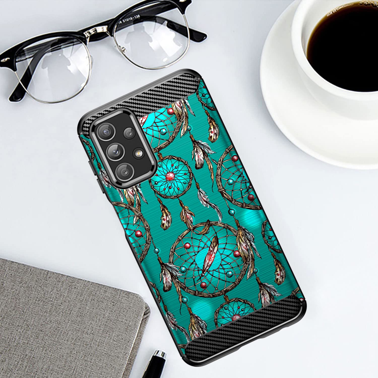 CasesOnDeck Samsung Galaxy A23 5G A23 Phone Case Tribal Floral Matte TPU Carbon Fiber Teal Dreamcatcher