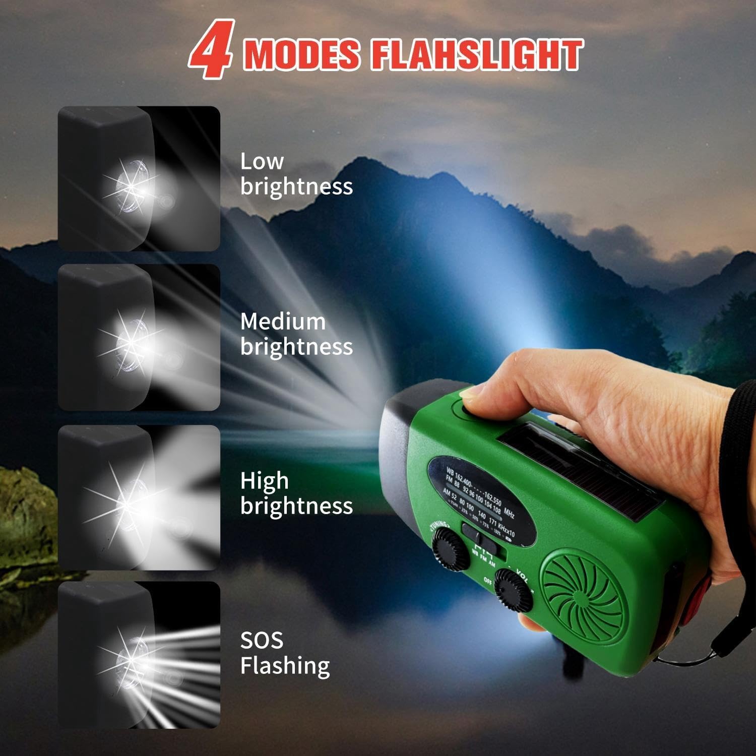 2000Mah Weather Emergency Radio, Portable Solar Am/Fm/Noaa Hand Crank Radio, Cell Phone Charger With Sos, 1W Led Flashlight, Hea