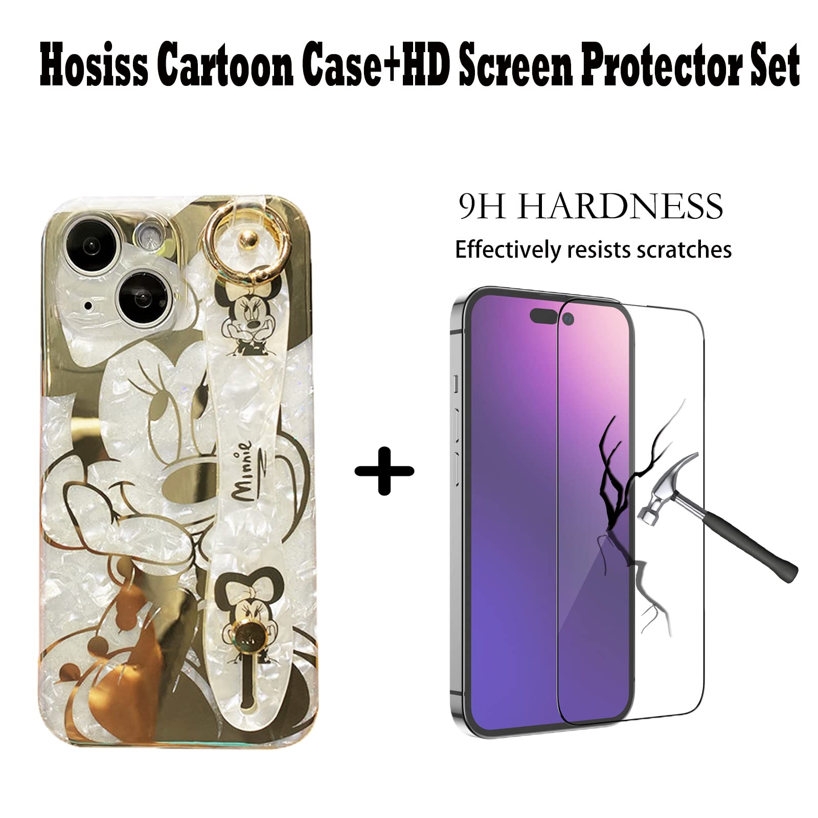 Hosiss Cartoon Case For Iphone 13 6.1 ' 'With Hd Screen Protector, Minnie Mouse With Wrist Strap Kickstand Metal Chain Strap Sof