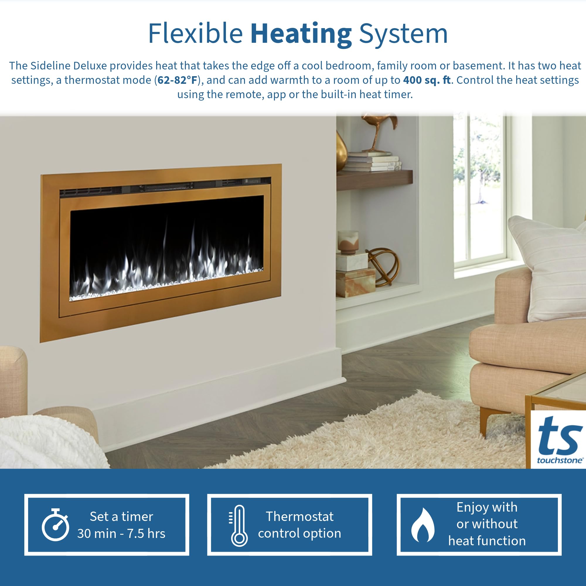 Touchstone Sideline Deluxe  Gold Smart Electric Fireplace  50 Inch Wide  Alexa/Wifi Enabled  In Wall Recessed  5 Flame Settings