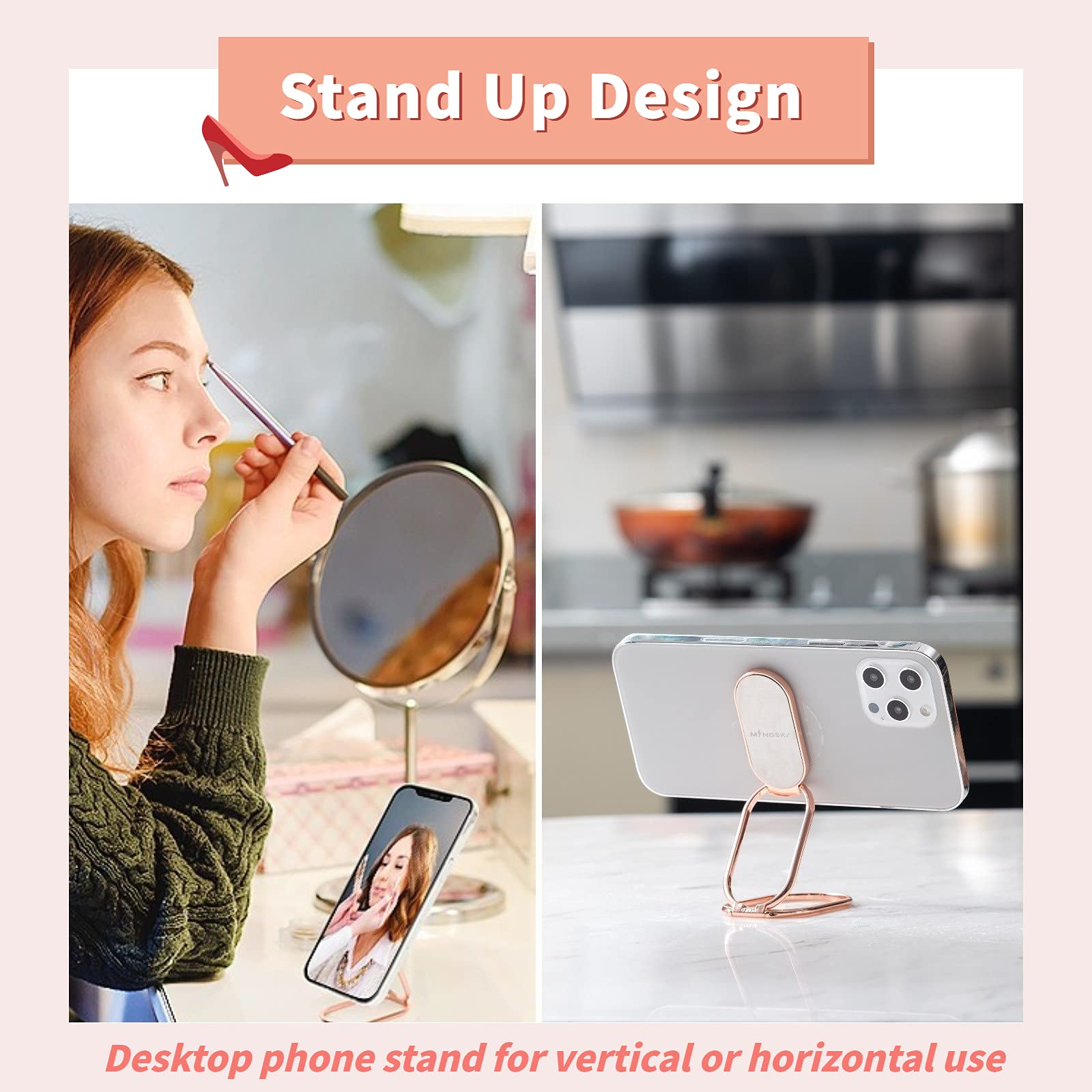 Mindsky Phone Ring Holder - 360° Rotation, Foldable Stand, Rose Gold, Compatible with iPhone, iPad, Smartphones, Tablets