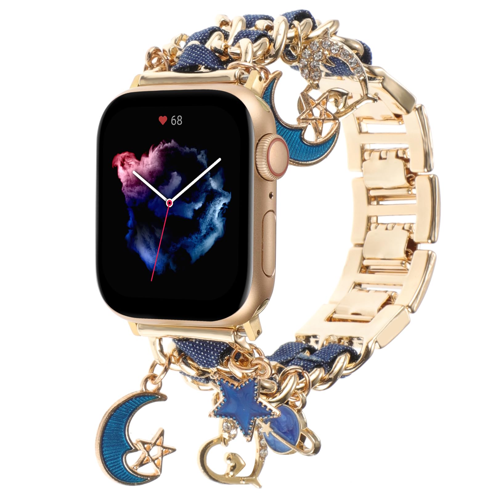 Realsign Stylish Metal Wristband Compatible With Apple Watch Band 42 44 45 46 49Mm,Cuban Chain With Blue Jean Bracelet Star Moon