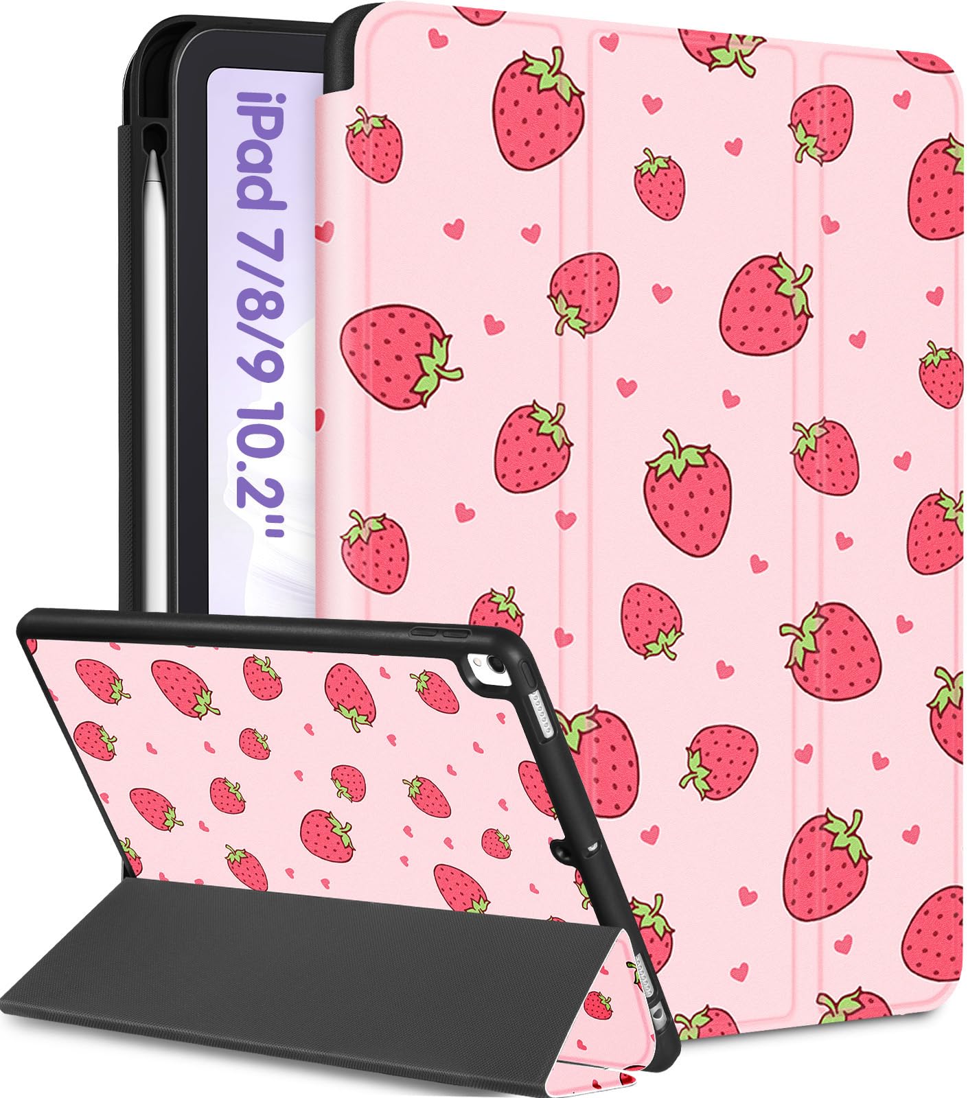 Uppuppy For Ipad 9Th/8Th/7Th Generation Case 10.2 Inch Girls Cute Kids Women Folio Smart Cover Pencil Holder Strawberry Aestheti