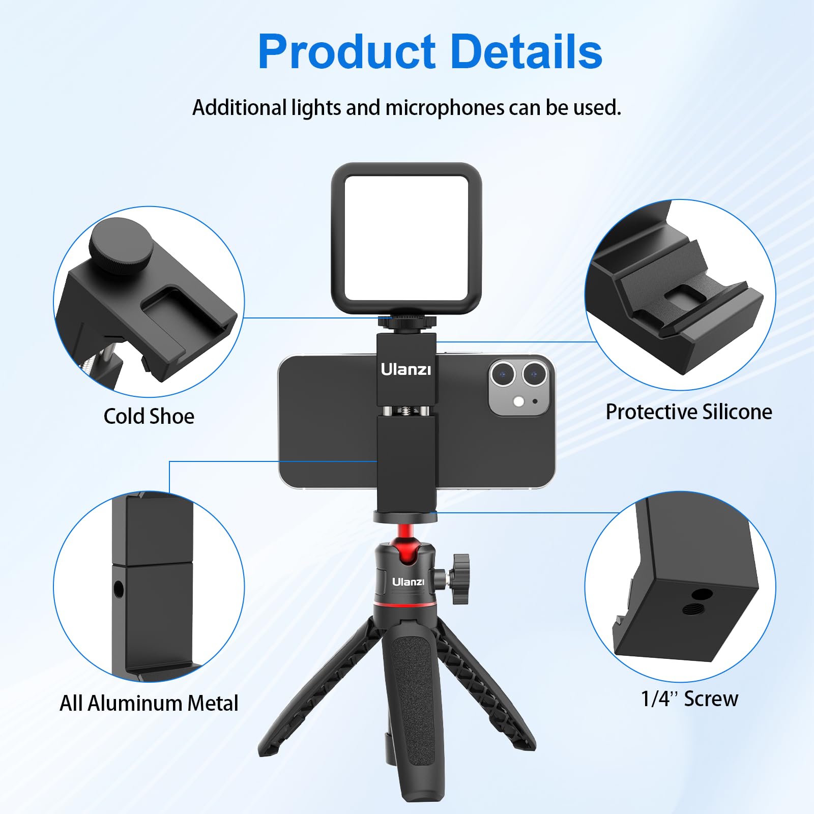 Ulanzi St 02S Aluminum Phone Tripod Mount W Cold Shoe Mount, Support Vertical And Horizontal, Universal Metal Adjustable Clamp F