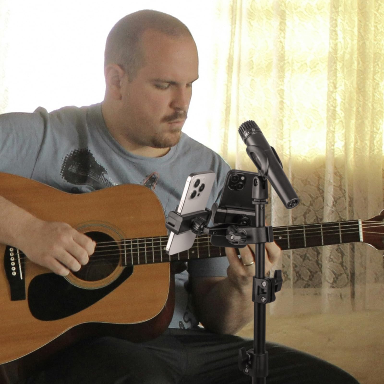 Geekria For Creators Mic Stand Dual Phone Holder, Microphone Stand Cell Phone Holder, Compatible With Apple   Phone 16, 15 Pro,