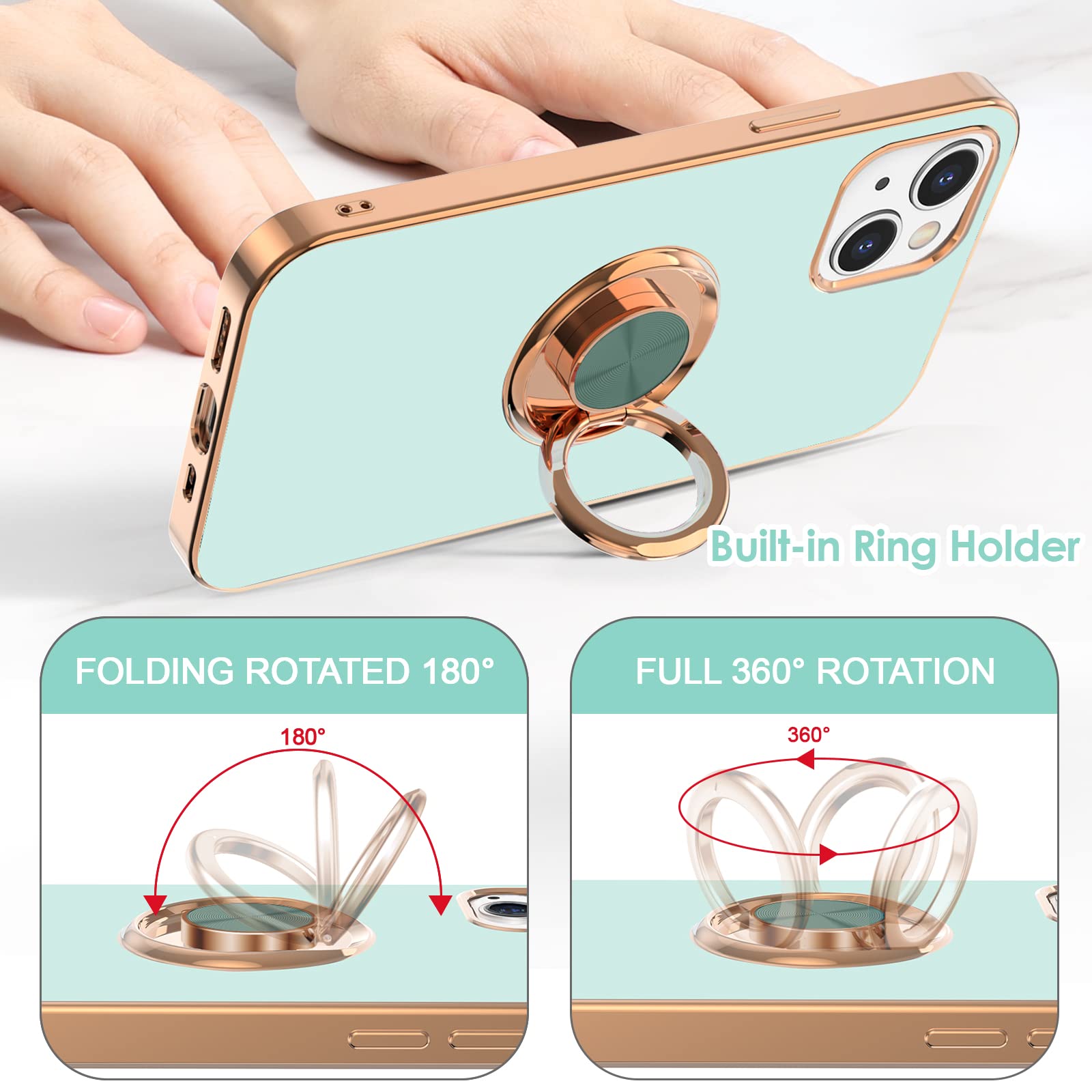 Hython iPhone 13 Ring Stand Phone Case Magnetic Kickstand Rose Gold Edge TPU Mint