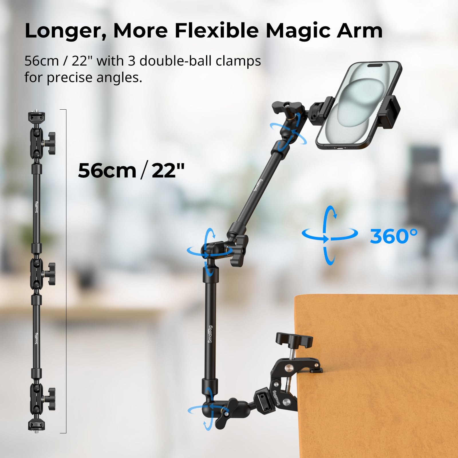 Smallrig 22 Magic Arm W Clamp, Overhead Phone Mount, Flexible Desk Camera Mount & Clamp, Articulating Friction Boom Arm W Thread