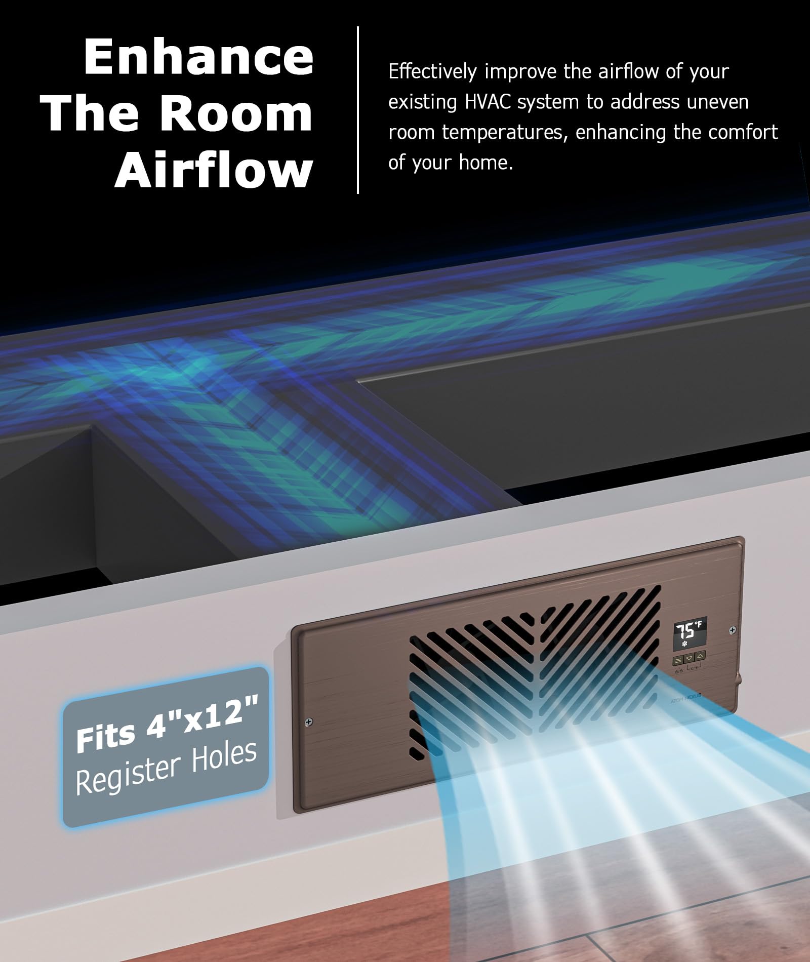 Atom Nexus Quiet Register Booster Fan Fits 4   X12    Register Holes, Smart Vent Booster Fan With Thermostat & Remote Control, 1