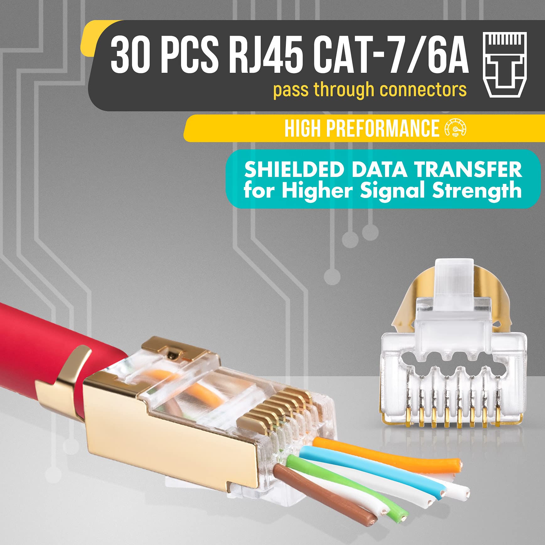 Everest Media Solutions Rj45 Cat7 & Cat6A Pass Through Connectors   30 Pcs, 50Um Gold Plated Shielded Ftp/Stp External Ground Fo