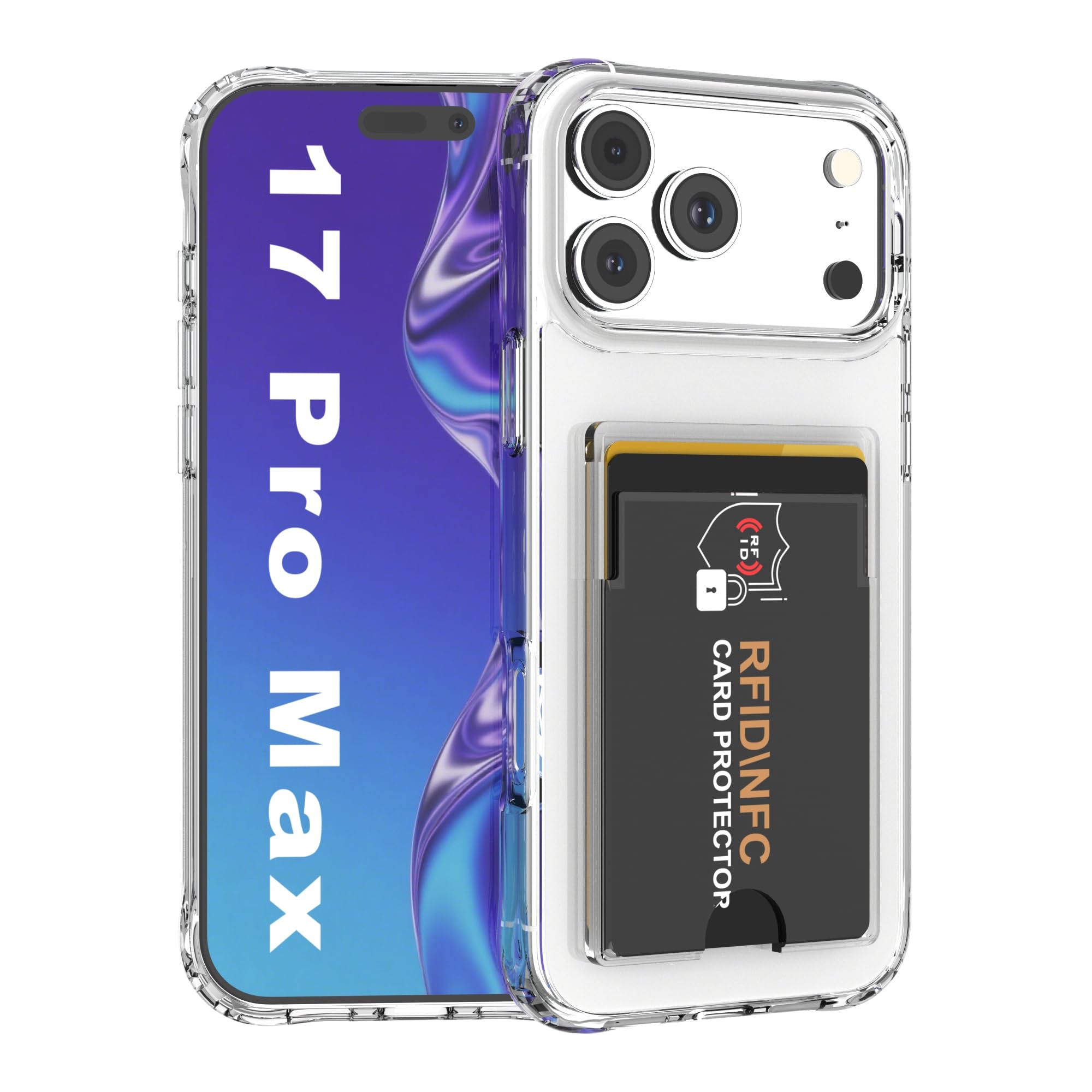 Wuwedo for iPhone 17 Pro Max Clear Wallet Case with an RFID Blocking Card, Holds 1-2 Cards, Anti-Yellowing, Hybrid Protective Ph