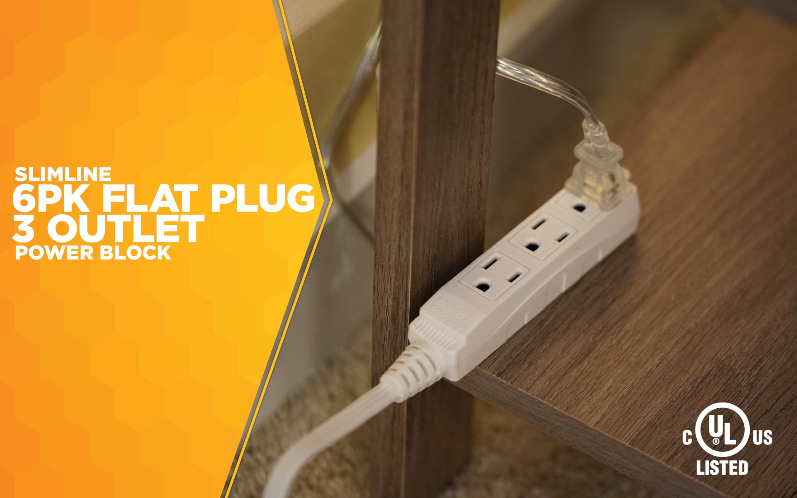 Woods Slimline 2232 Angled Flat Plug Extension Cord, Space Saving Flat Design, 3 Grounded Outlets, 13 Foot, 13 Amps, 1625 Watts,