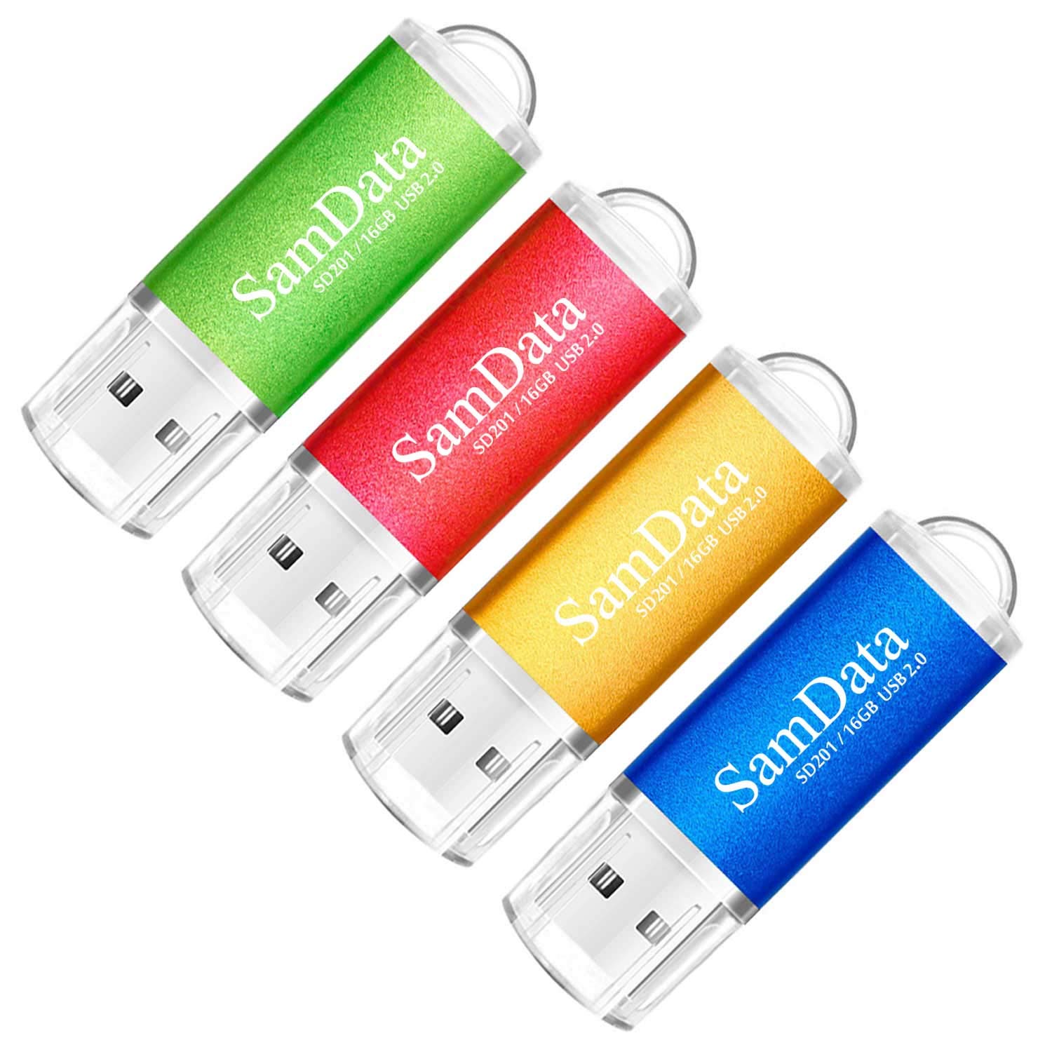 Samdata 4 Pack 16Gb Usb 2.0 Flash Drive Thumb Drives Memory Stick, 4 Colors: Blue Green Gold Red