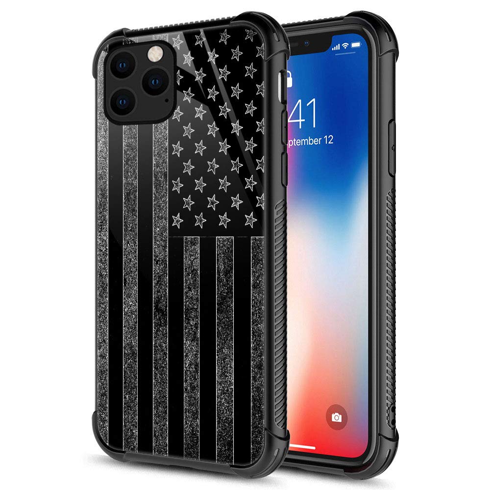 Iphone 12 Mini Case, Black And White American Flag Iphone 12 Mini Cases, Tempered Glass Back+Soft Silicone Tpu Shock Protective