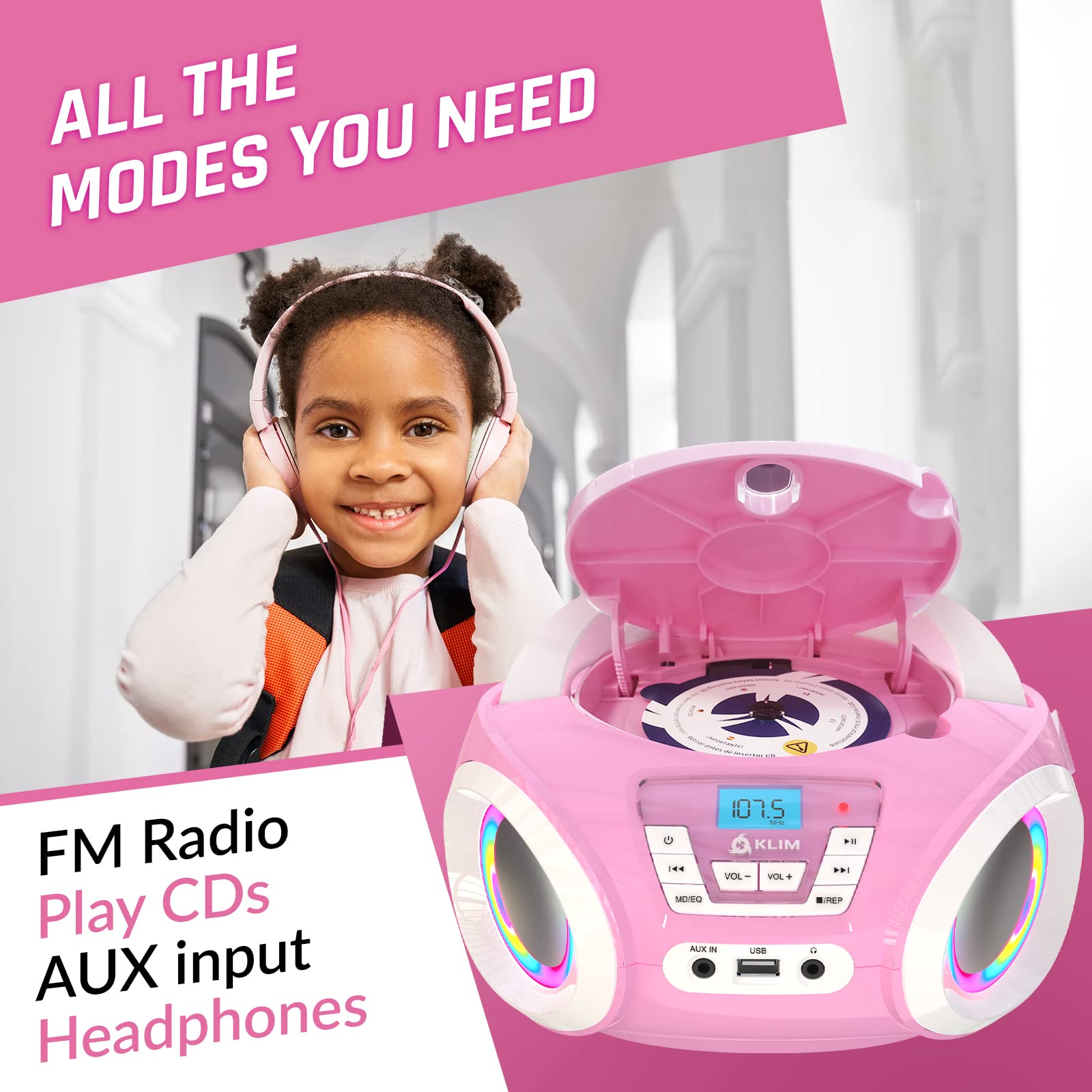 Klim Candy Kids Portable Cd Player For Kids   New Version 2024   Fm Radio   Batteries Included   Cd Boombox For Kids   Cute Pink