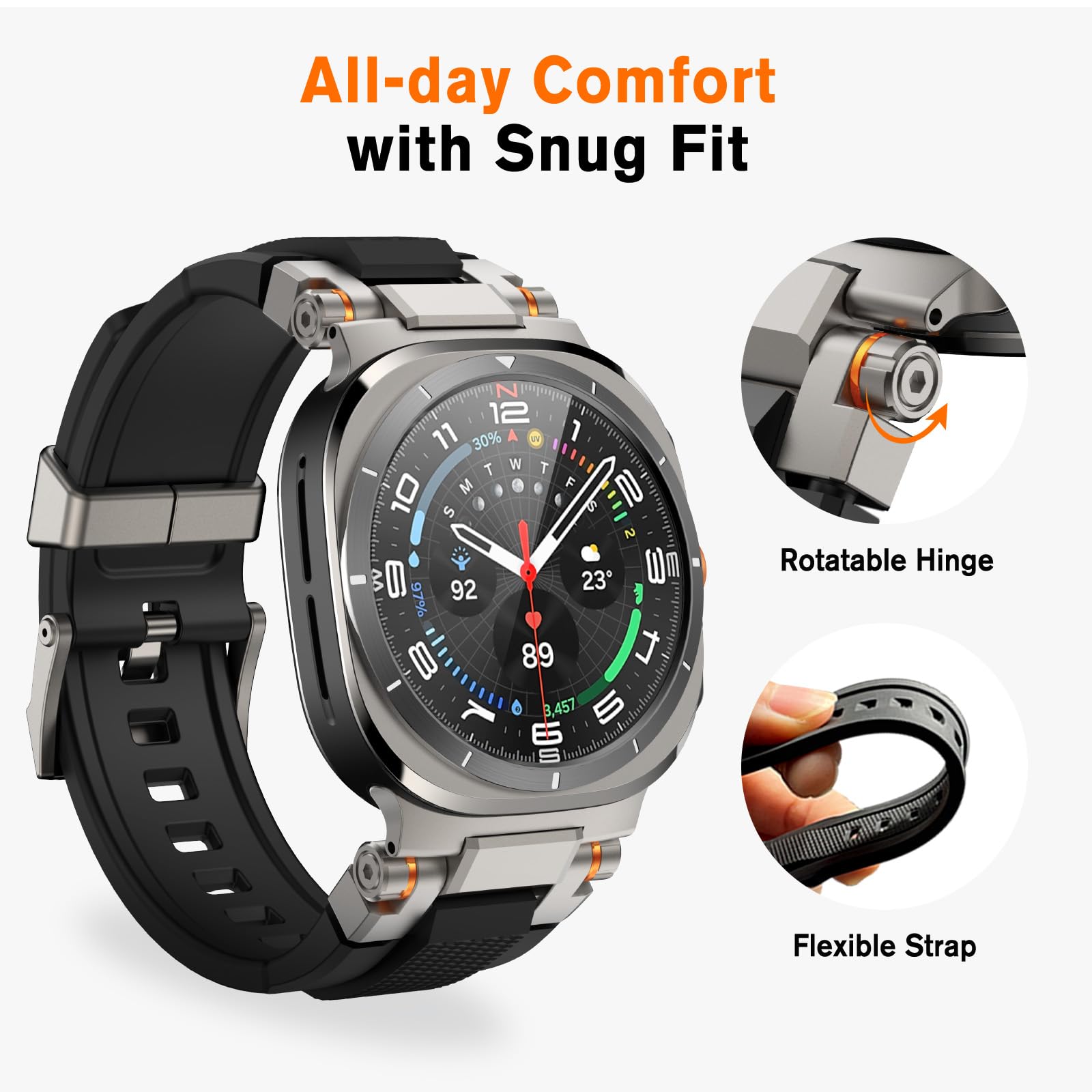 Amband For Samsung Galaxy Watch Ultra (2024) Bands For Men, Metal Connector Rugged Strap With Glass Screen Protector Compatible