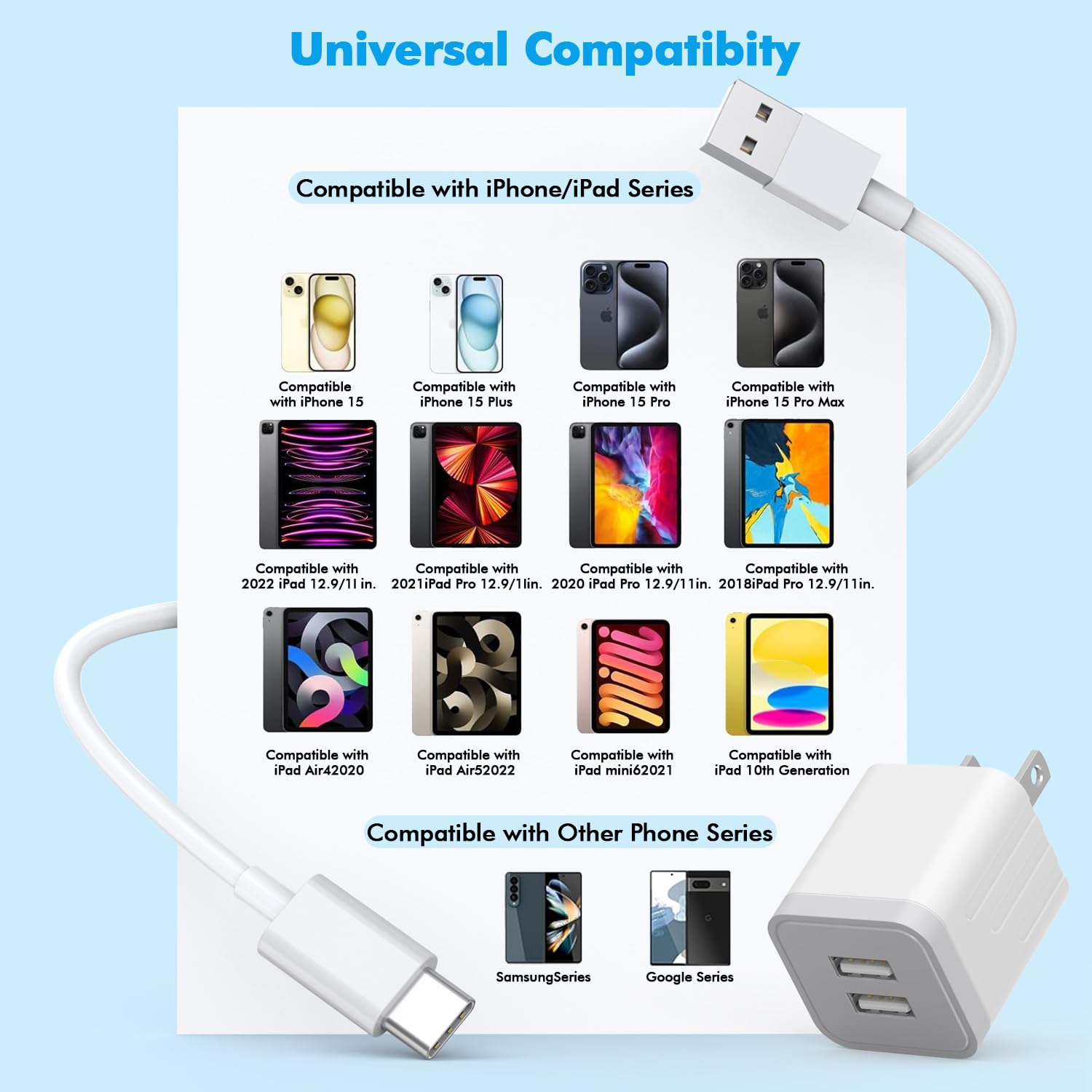 10Ft Iphone 16 15 Charger,2Pack Dual Port 20W Fast Charging Block Ipad Charger Plug Power Adapter 10Foot Usb To Usb C Cable Cord