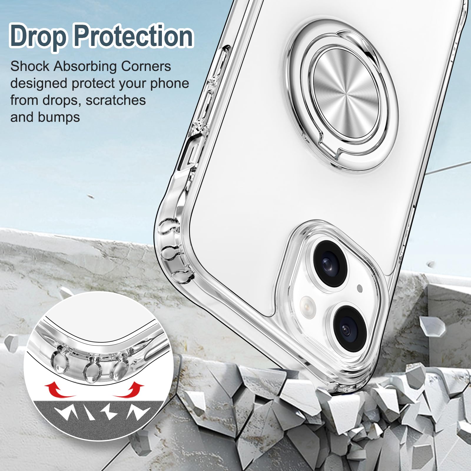 Hython Clear For Iphone 15 Plus Case With Ring Stand [360 Rotatable Ring Holder Magnetic Kickstand] [Support Car Mount] Transpar