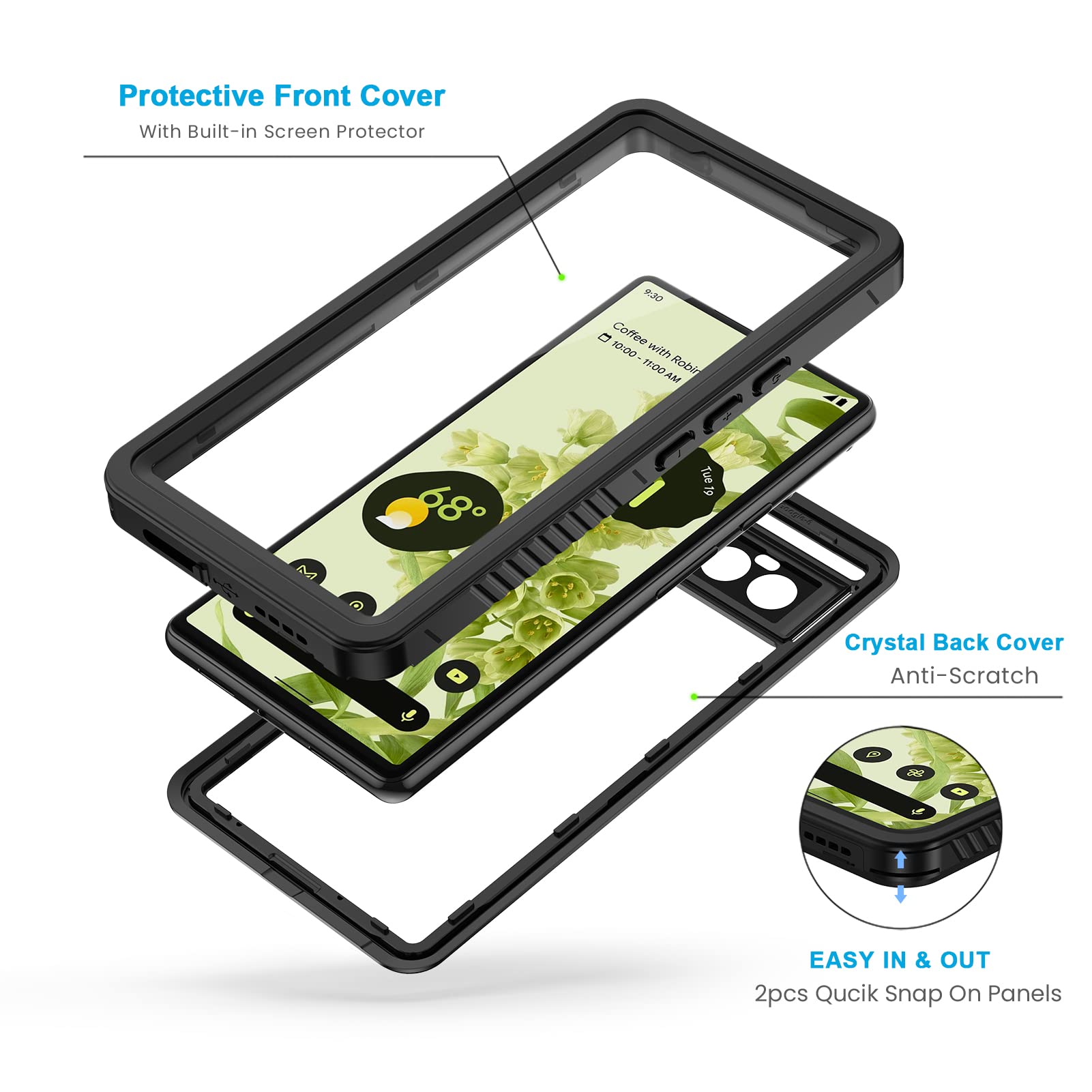 Lanhiem Pixel 6 Case, Ip68 Waterproof Dustproof Case With Built In Screen Protector, Rugged Full Body Shockproof Phone Cover For