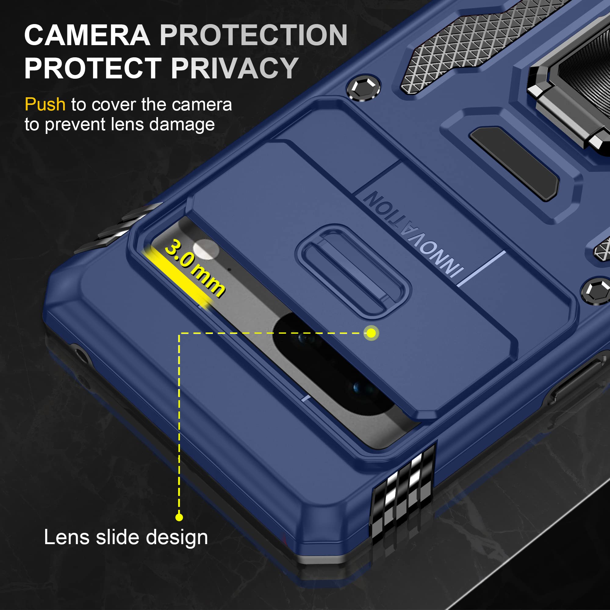 Deerlamn Case For Google Pixel 7 With Slide Camera Cover+Screen Protector(1 Pack), Rotated Ring Kickstand Military Grade Shockpr