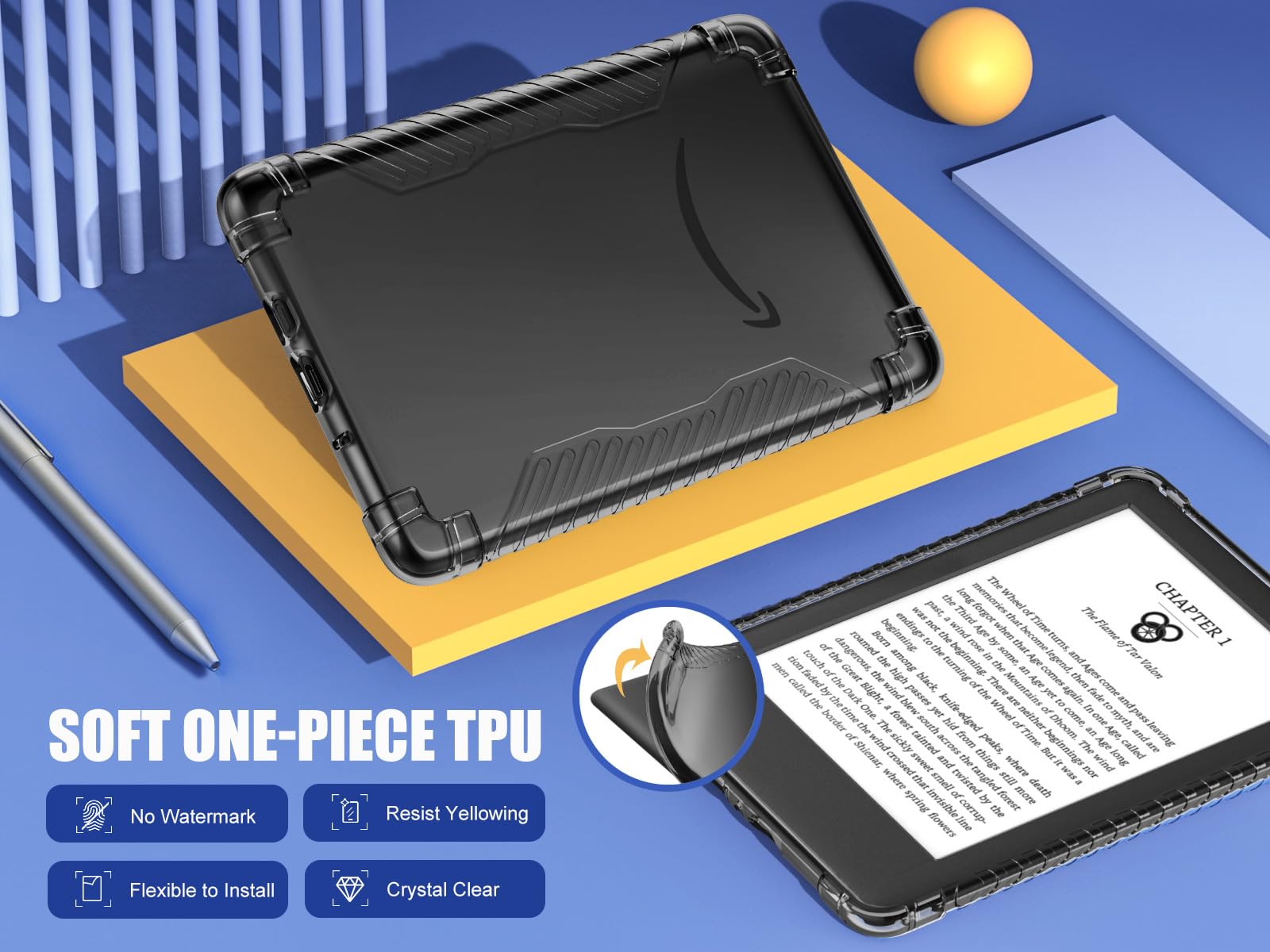 MoKo Protective Case for 6' All New Kindle (11th Generation 2024/2022 Release), Ultra Clear Soft Flexible Transparent TPU Skin Bumper Back Cover Shell, Black