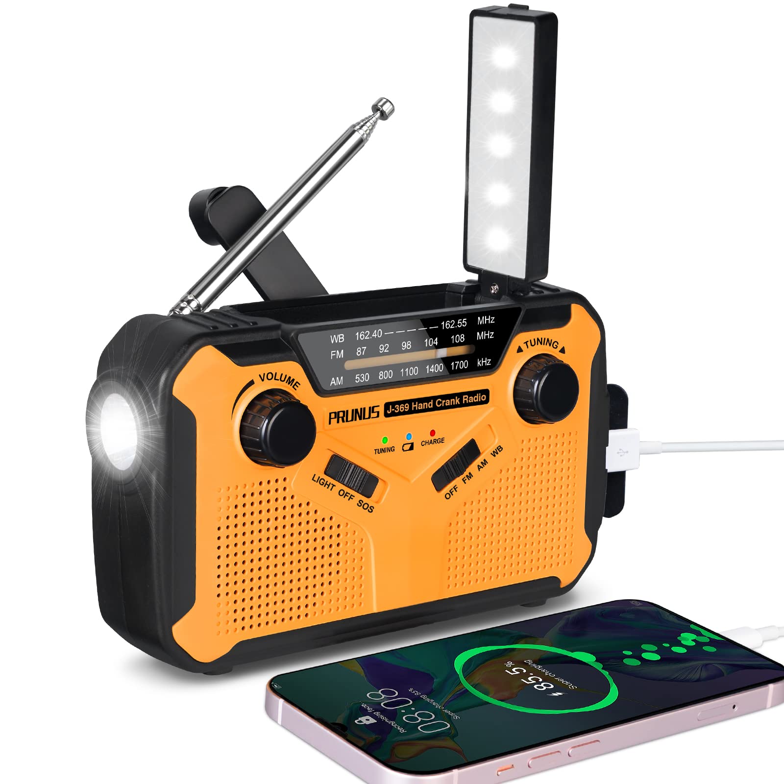 Prunus J 369 11100Mwh Emergency Weather Radio, Aa Batteries/Hand Crank/Solar/Usb Charging, Noaa/Am/Fm, Led Flashlight And Reading Lamp,Sos Alarm & Flashlight