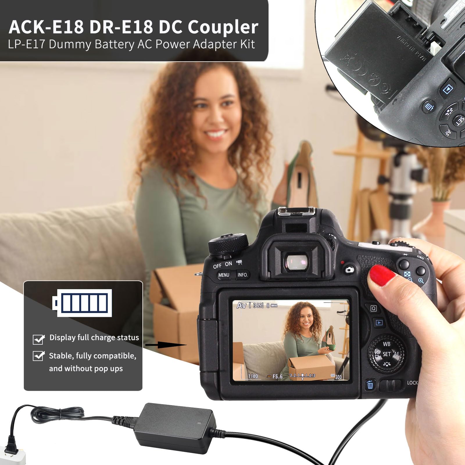 F1Tp Ack E18 Ac Power Supply Adapter Dr E18 Dc Coupler Kit For Canon Eos Rebel T6I T7I Sl2 Sl3 Rp R10 T6S T8I 77D 200D 250D 750D 760D 800D 850D Cameras.