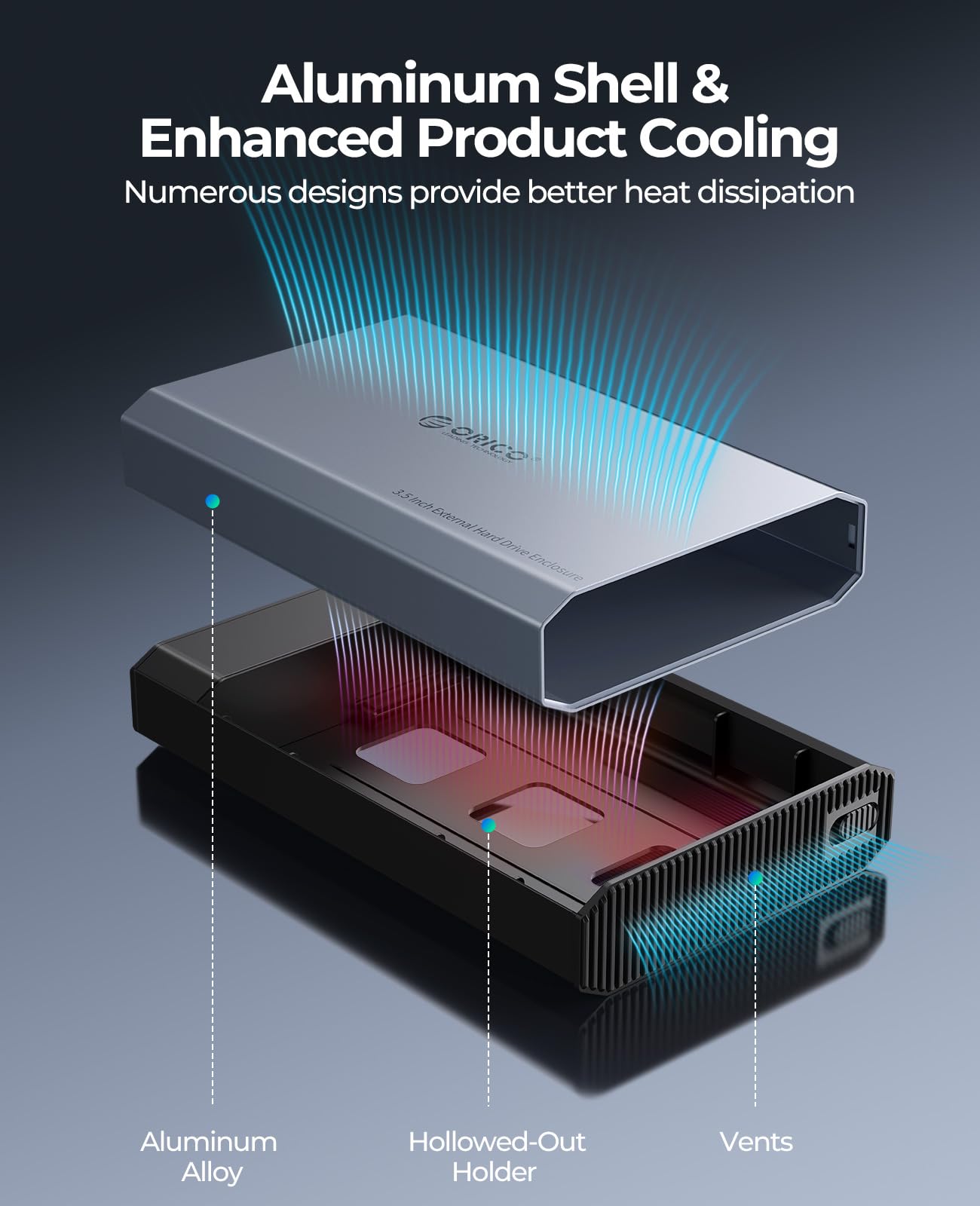 ORICO Aluminum 3.5 Hard Drive Enclosure with USB 3.2 Gen 2 6Gbps Transfer Speed, Fit for 3.5/2.5 Inch SATA HDD SSD Up to 20TB, USB C to USB C/A 2 in 1 Cable Compatible with MacBook Windows(DD35 C3)