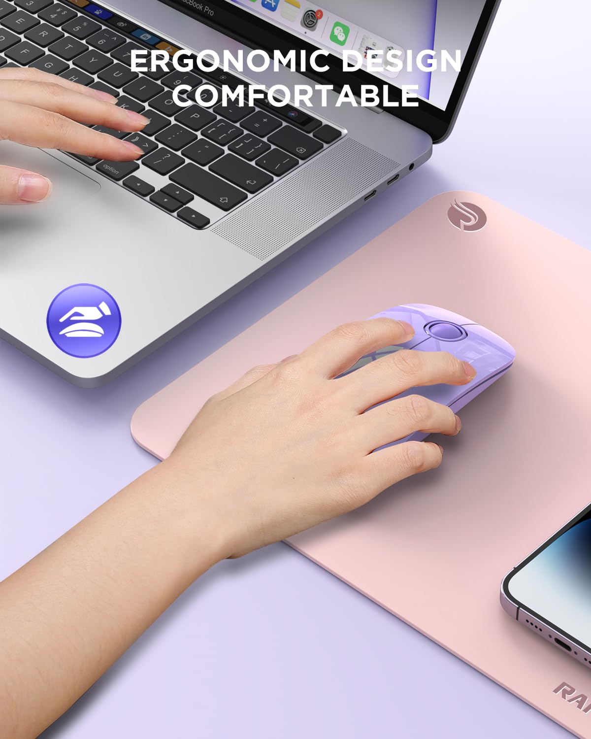 Rapique Wireless Bluetooth Mouse, Purple, 1600 Dpi, Long Battery Life, Dual Connectivity, Quiet Click, High Precision Optical Tr