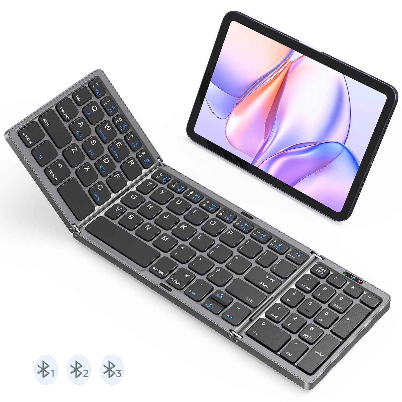Foldable Bluetooth Keyboard with Numeric Keypad, Portable Wireless, Black