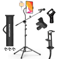 Microphone Stand, Floor Foldable Mic Stand with Phone Clip,Heavy Duty ...