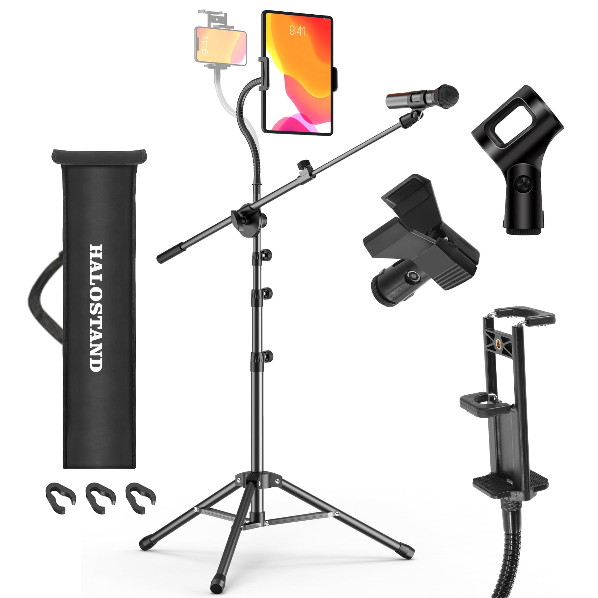 Microphone Stand Floor 2 Mic Clips Foldable Mic Stands Heavy Duty Tripod Boom Arm with 2 Screws Adapter 2 Foam Covers and Carryi