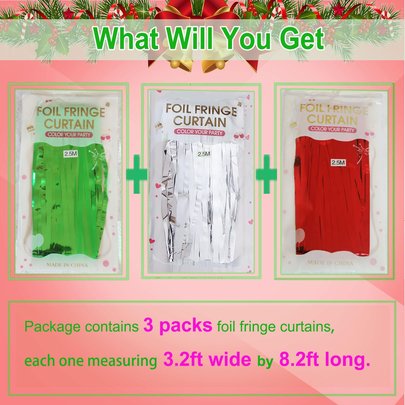 Christmas Foil Fringe Curtain  3 Pack Of 3.2X8.2Ft Red Silver Green Tinsel Fringe Backdrop Streamers For Christmas Ugly Sweater